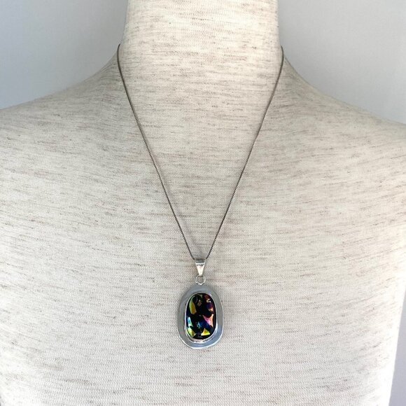 Sterling Silver 925 Oval Multi Color Dichroic Glass Pendant Necklace 18" Chain - Picture 2 of 16